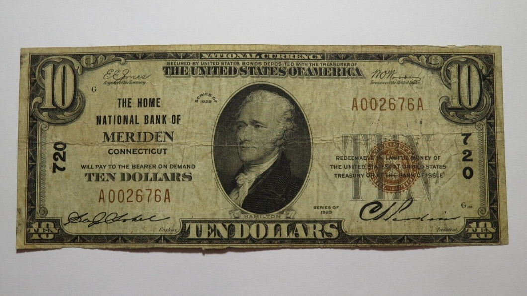 $10 1929 Meriden Connecticut CT National Currency Bank Note Bill! Ch. #720 Fine