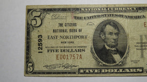 $5 1929 East Northport New York NY National Currency Bank Note Bill #12593 RARE!