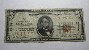 $5 1929 Lansdowne Pennsylvania PA National Currency Bank Note Bill Ch. #13151