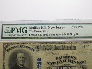 $20 1902 Mullica Hill New Jersey NJ National Currency Bank Note Bill #6728 VF25