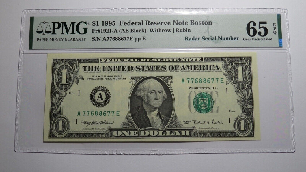 $1 1995 Radar Serial Number Federal Reserve Currency Bank Note Bill PMG UNC65EPQ