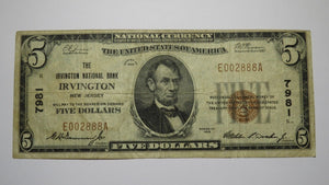 $5 1929 Irvington New Jersey NJ National Currency Bank Note Bill Ch. #7981 FINE