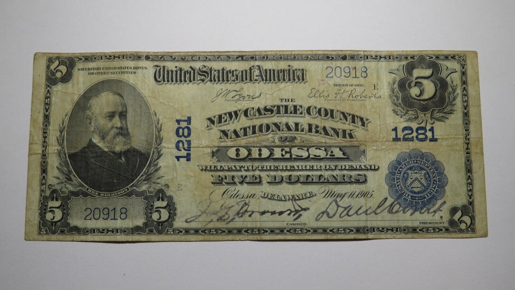 $5 1902 Odessa Delaware DE National Currency Bank Note Bill Ch. #1281 Very Fine