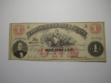 $1 1862 Richmond Virginia VA Obsolete Currency Treasury Bank Note Bill XF