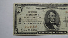 Load image into Gallery viewer, $5 1929 Washington Pennsylvania PA National Currency Bank Note Bill! Ch #3383 VF