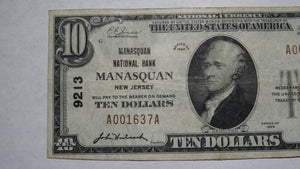 $10 1929 Manasquan New Jersey NJ National Currency Bank Note Bill Ch. #9213 VF+