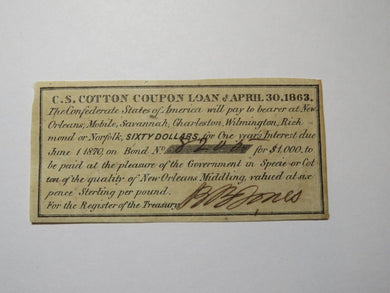 $60 1863 C.S. Cotton Confederate Bond Loan Coupon Currency Bank Note Bill! RARE!