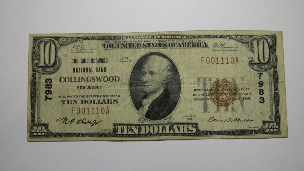 $10 1929 Collingswood New Jersey NJ National Currency Bank Note Bill Ch #7983 VF