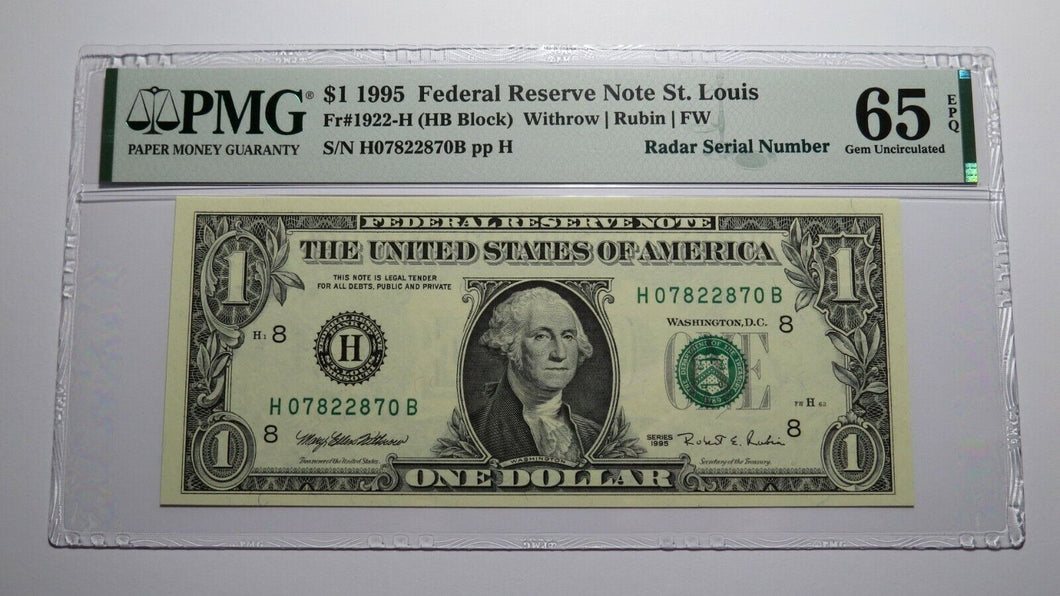 $1 1995 Radar Serial Number Federal Reserve Currency Bank Note Bill PMG UNC65EPQ