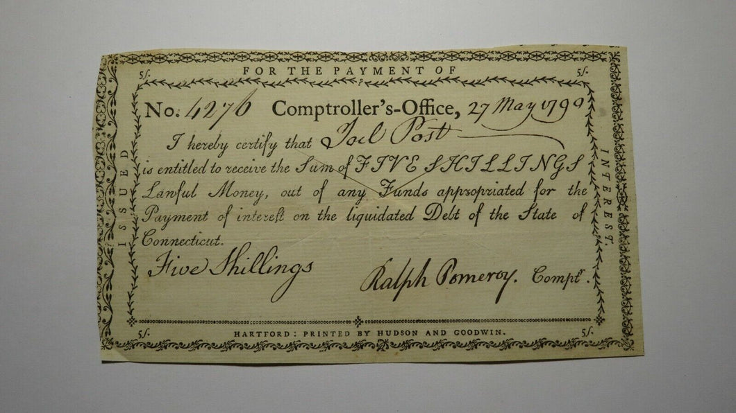 1790 5 Shillings Connecticut Comptroller's Office Colonial Currency Note Pomeroy