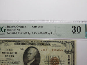 $20 1929 Baker City Oregon OR National Currency Bank Note Bill Ch #2865 VF30 PMG