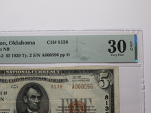 Load image into Gallery viewer, $5 1929 Guymon Oklahoma OK National Currency Bank Note Bill Ch. #8138 VF30