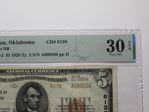 $5 1929 Guymon Oklahoma OK National Currency Bank Note Bill Ch. #8138 VF30