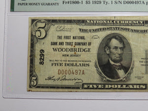 $5 1929 Woodbridge New Jersey NJ National Currency Bank Note Bill Ch #8299 VF25