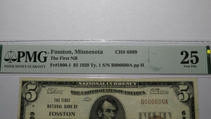 $5 1929 Fosston Minnesota MN National Currency Bank Note Bill Ch. #6889 VF25 PMG