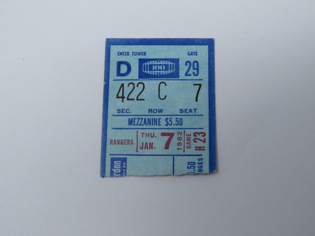 January 7, 1982 New York Rangers Vs. Vancouver Canucks NHL Hockey Ticket Stub