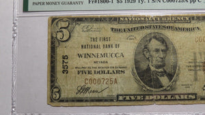 $5 1929 Winnemucca Nevada NV National Currency Bank Note Bill Ch. #3575 F12 PMG