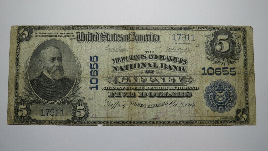 $5 1902 Gaffney South Carolina SC National Currency Bank Note Bill Ch. #10655