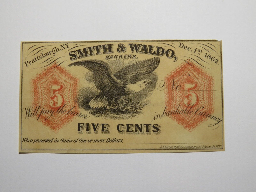 $.25 1862 Prattsburgh New York NY Obsolete Currency Bank Note Bill Smith & Waldo