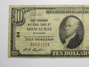 $10 1929 Milwaukee Wisconsin WI National Currency Bank Note Bill Ch #64 FINE