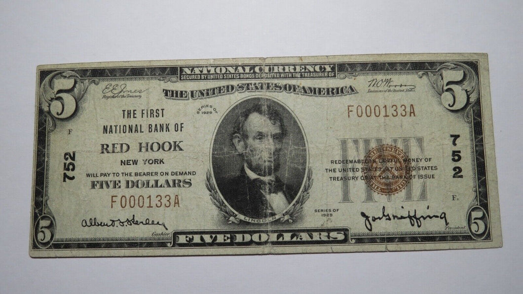 $5 1929 Red Hook New York NY National Currency Bank Note Bill Ch. #752 FINE