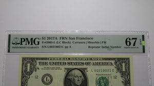 $1 2017 Repeater Serial Number Federal Reserve Currency Bank Note Bill PMG UNC67