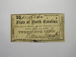 $.25 1861 Raleigh North Carolina Obsolete Currency Bank Note Bill NC State UNC+