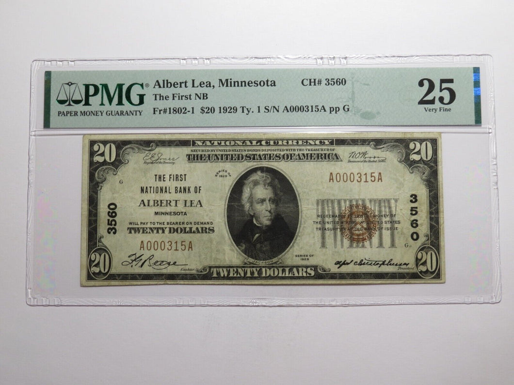 $20 1929 Albert Lea Minnesota National Currency Bank Note Bill Ch #3560 VF25 PMG