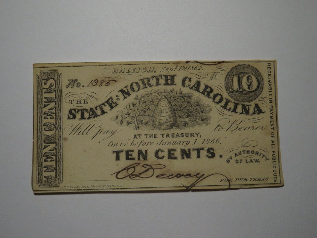 $.10 1862 Raleigh North Carolina Obsolete Currency Bank Note Bill NC State UNC+