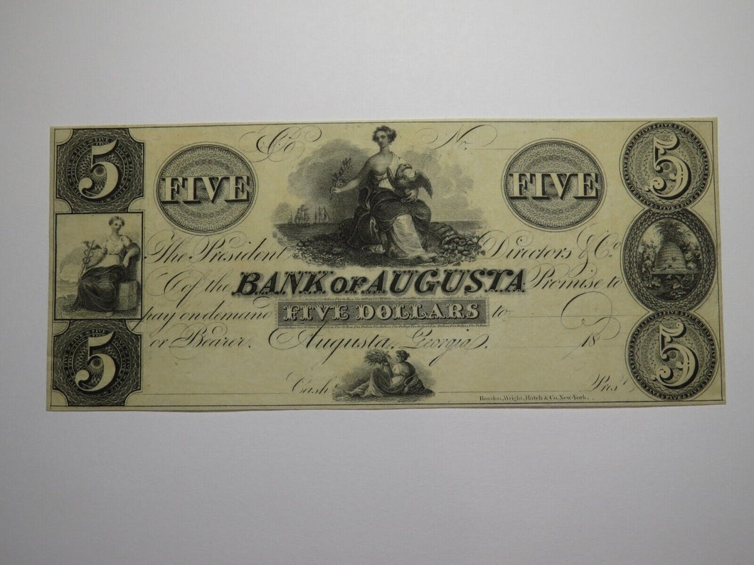 $5 18__ Augusta Georgia Obsolete Currency Note Bill Remainder Bank of Augusta