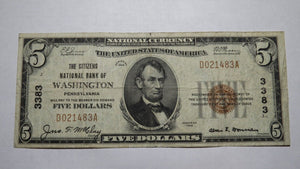 $5 1929 Washington Pennsylvania PA National Currency Bank Note Bill! Ch #3383 VF