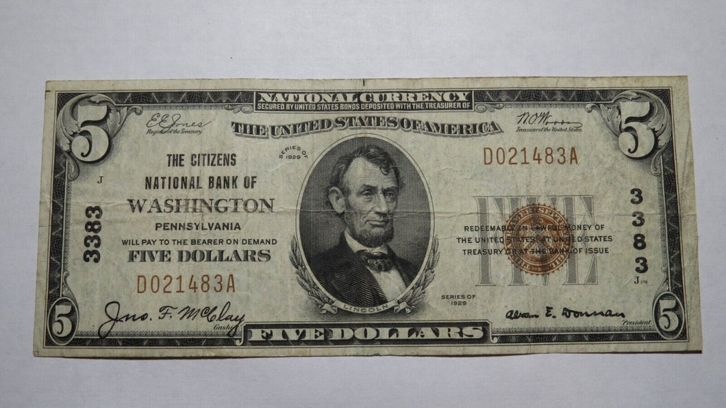 $5 1929 Washington Pennsylvania PA National Currency Bank Note Bill! Ch #3383 VF