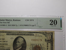 Load image into Gallery viewer, $10 1929 St. Marys Kansas KS National Currency Bank Note Bill #3374 VF20 Saint