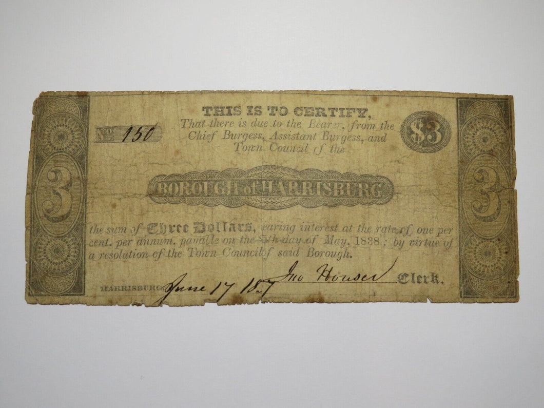 $3 1837 Harrisburg Pennsylvania Obsolete Currency Bank Note Bill Borough