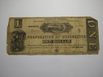 $1 1861 Winchester Virginia VA Obsolete Currency Bank Note Bill Corp. of Win.