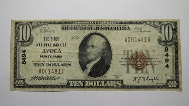 $10 1929 Avoca Pennsylvania PA National Currency Bank Note Bill! #8494 Fine+