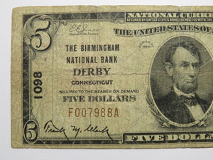 $5 1929 Derby Connecticut National Currency Bank Note Bill Ch. #1098 Birmingham