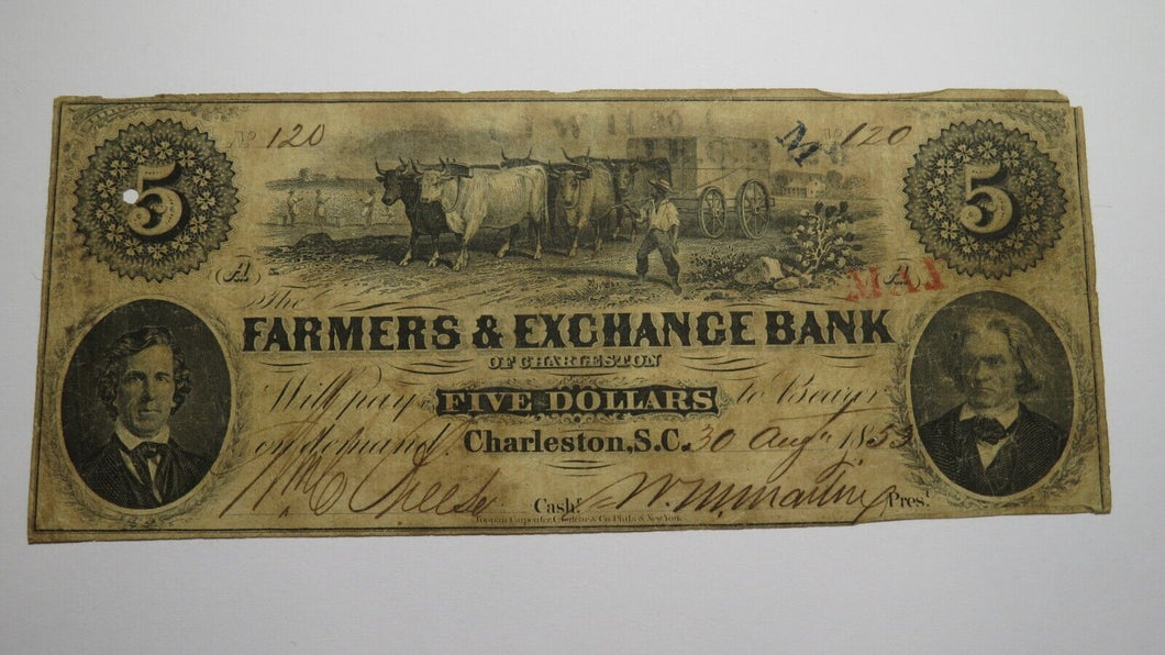 $5 1853 Charleston South Carolina SC Obsolete Currency Bank Note Bill Farmers Ex