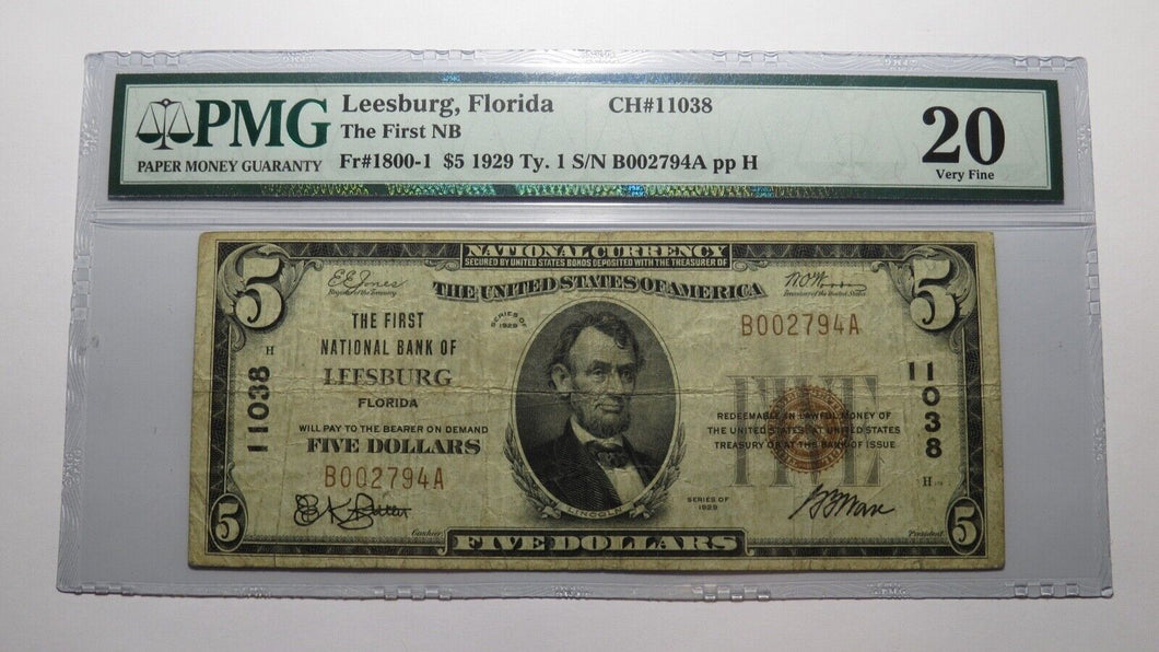 $5 1929 Leesburg Florida FL National Currency Bank Note Bill Ch. #11038 VF20 PMG