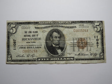 $5 1929 Hicksville New York NY National Currency Bank Note Bill Ch. #11087 RARE!