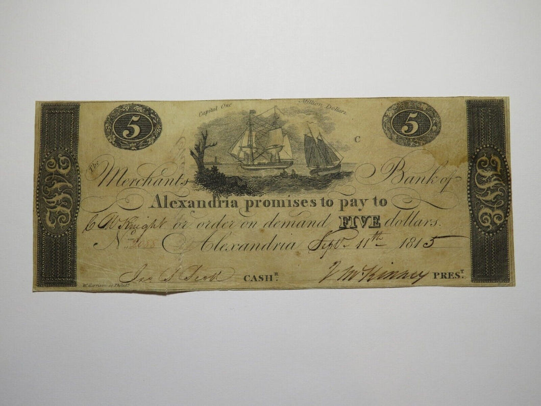 $5 1815 Alexandria Washington D.C. Obsolete Currency Bank Note Bill Merchants