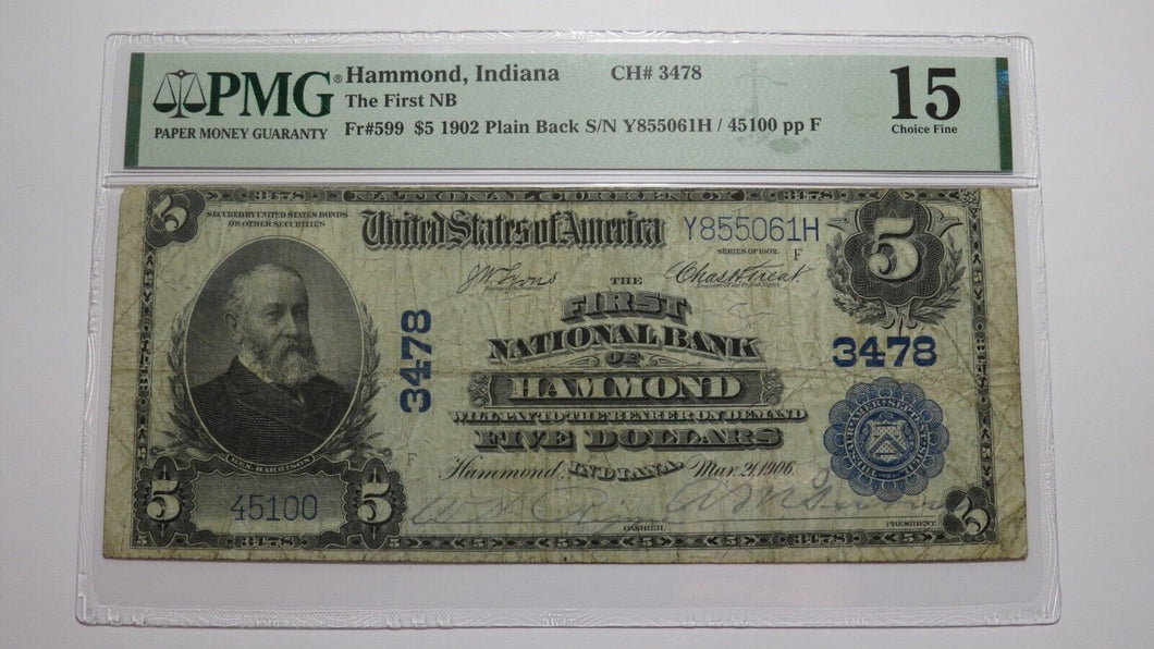 $5 1902 Hammond Indiana IN National Currency Bank Note Bill Ch. #3478 F15 PMG