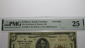 $5 1929 Gaffney South Carolina SC National Currency Bank Note Bill 6857 VF25 PMG