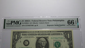 $1 2003 Repeater Serial Number Federal Reserve Currency Bank Note Bill PMG UNC66