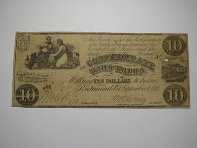 $10 1861 Richmond Virginia VA Confederate Currency Bank Note Bill RARE T28 VG+