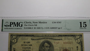 $5 1929 Clovis New Mexico NM National Currency Bank Note Bill Ch. #8767 F15 PMG