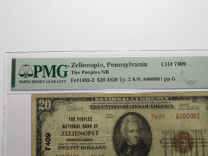 $20 1929 Zelienople Pennsylvania National Currency Bank Note Bill #7409 F15 PMG