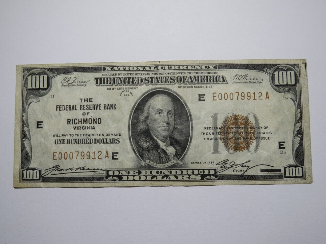 $100 1929 Richmond Virginia VA National Currency Note Federal Reserve Bank VF