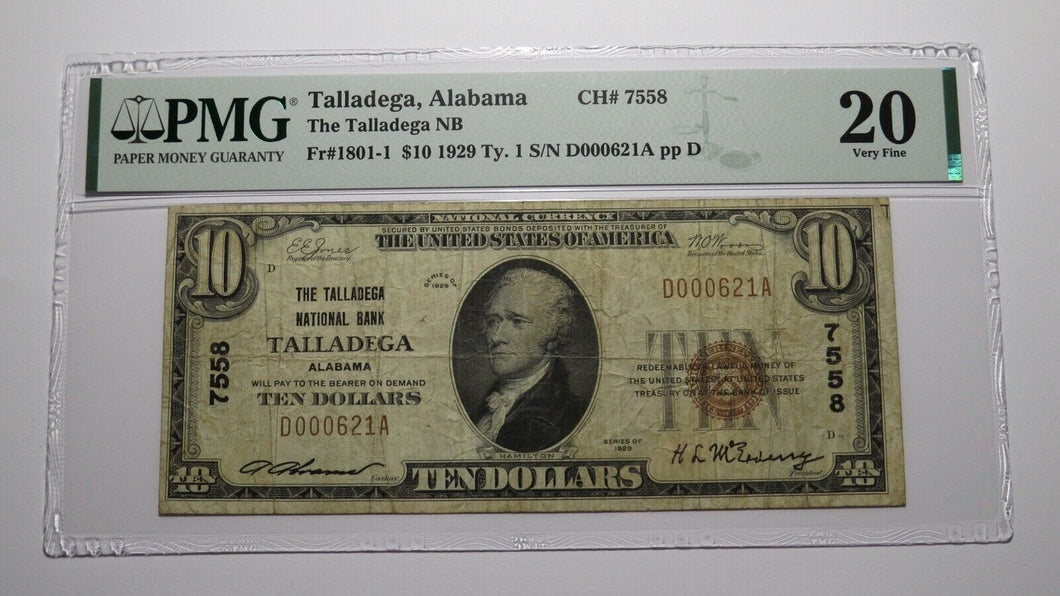 $10 1929 Talladega Alabama AL National Currency Bank Note Bill Ch #7558 VF20 PMG