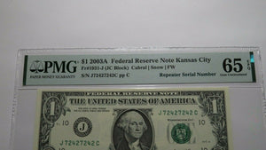 $1 2003A Repeater Serial Number Federal Reserve Currency Bank Note Bill UNC65EPQ